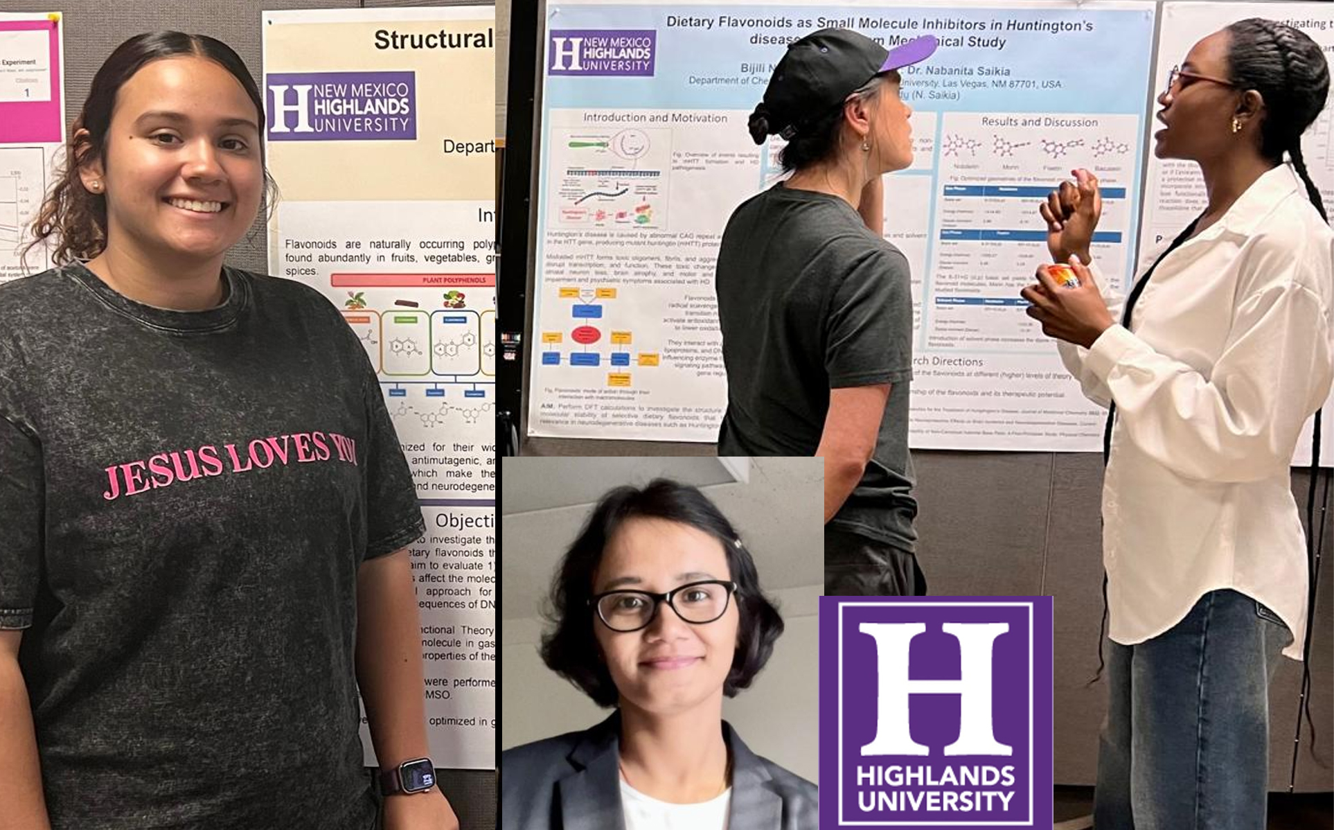 Project PI Nabanita Sakia surrounded by photos of her students presenting their research on neurodegenerative disease.